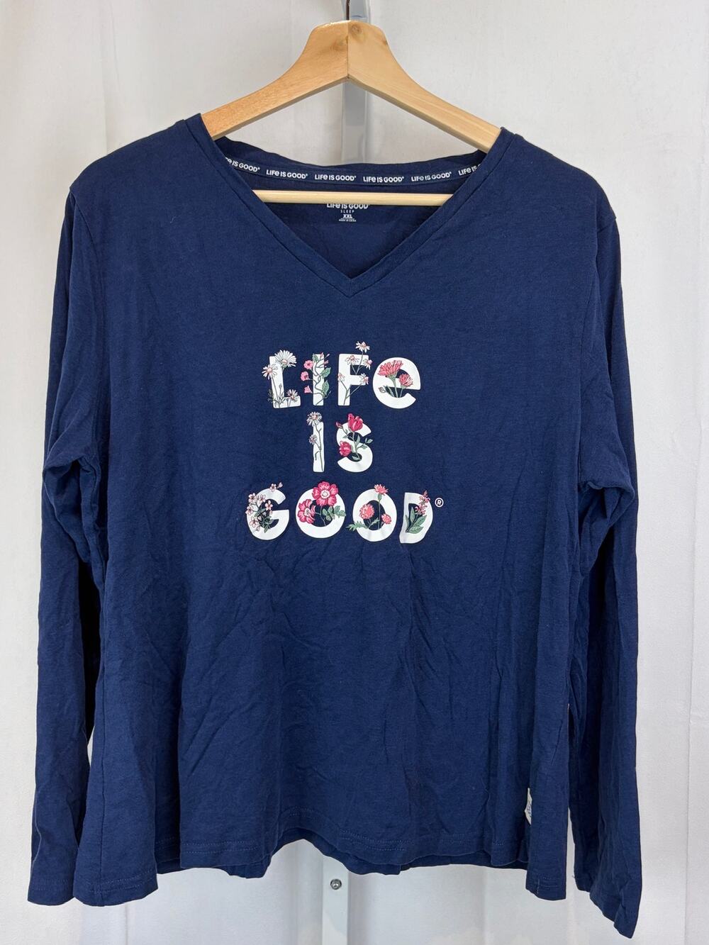 LIFE IS GOOD Sleep Floral Logo Long Sleeve Pajama Top Navy Blue XXL Runs Small